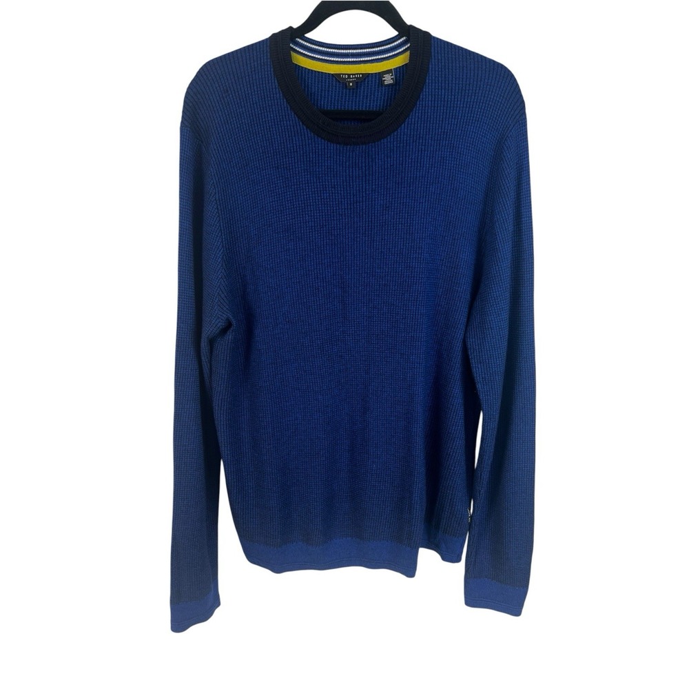 Ted Baker Mens Sweater Blue Black Grid Crew Cashmere Blend Luxury 5 Size XL